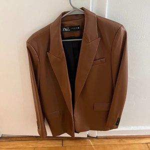 Zara Faux Leather Oversized Blazer Caramel Brown Long Sleeve Jacket Sz M